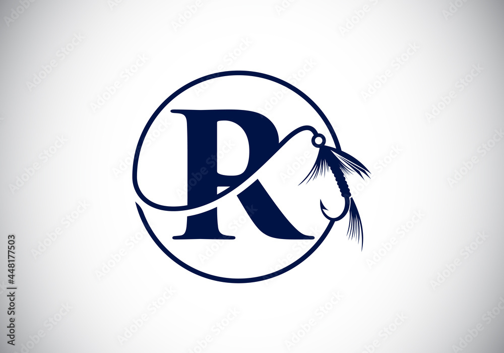 Initial R monogram letter alphabet with fishing Hook. Fishing logo concept vector illustration. Modern logo design for fishing shop, business, and company identity Initial R monogram letter alphabet with fishing Hook. Fishing logo concept vector illustration. Modern logo design for fishing shop, business, and company identity