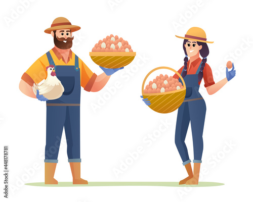 Happy male and female of chicken farmer holding basket filled with eggs cartoon characters