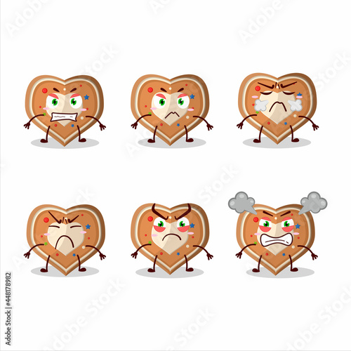 Gingerbread heart cartoon character with various angry expressions