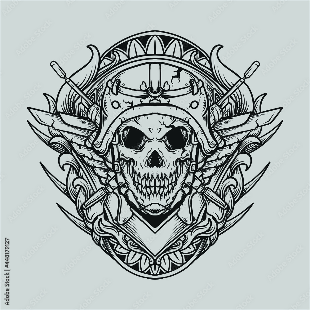 tattoo and t shirt design black and white hand drawn army skull engraving ornament