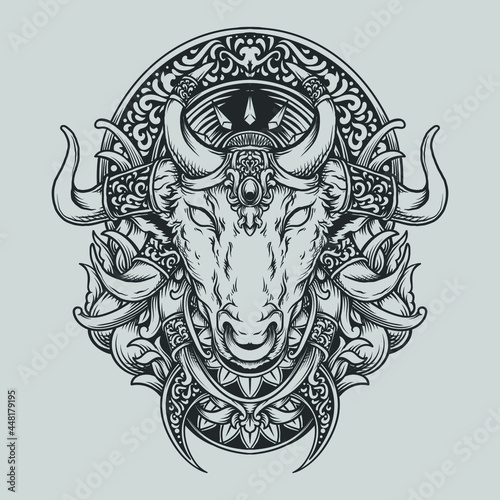 tattoo and t shirt design black and white hand drawn taurus bull engraving ornament