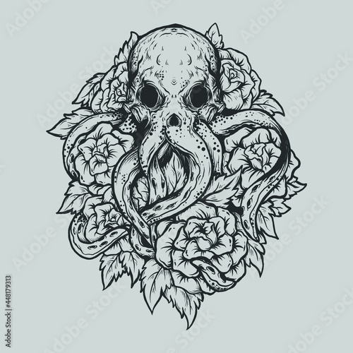 tattoo and t shirt design black and white hand drawn octopus and rose