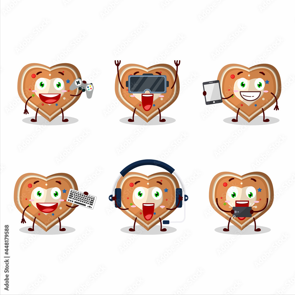 Gingerbread heart cartoon character are playing games with various cute emoticons