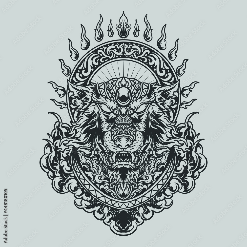 Fototapeta premium tattoo and t shirt design black and white hand drawn wolf engraving ornament