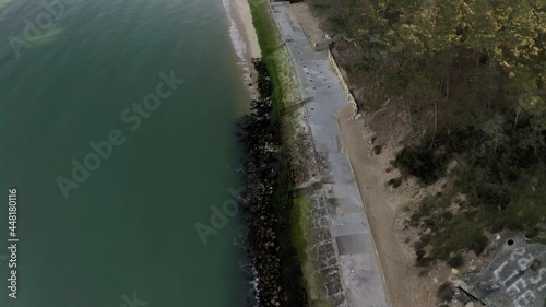 Aerial View Of Beautiful Beach In La Corniche, Barneville-Carteret, France. drone shot photo