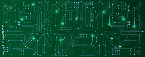 circuit board electronic or electrical line with glow light on green engineering technology concept vector panorama background