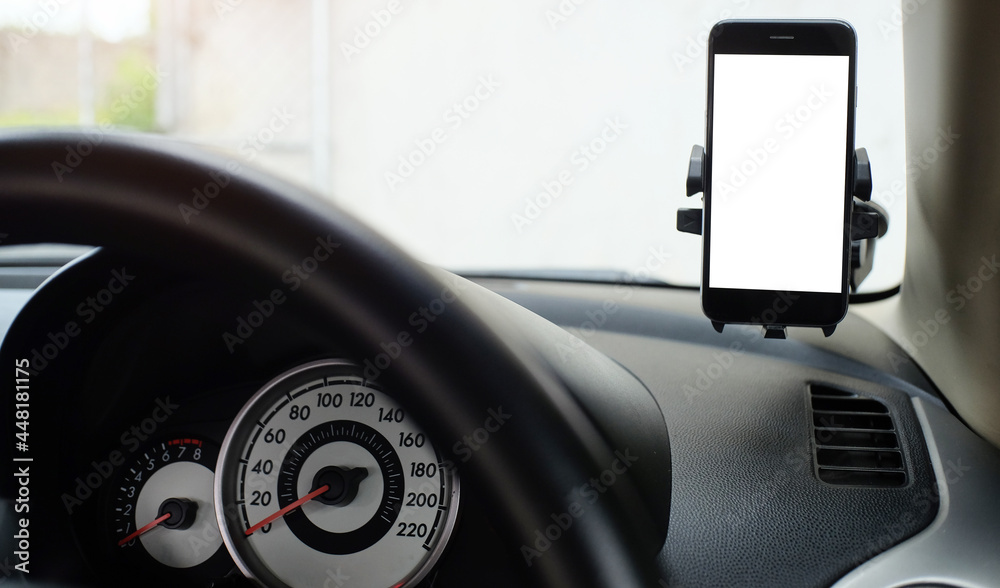 Mock up smart phone on holder in car Mock up smart phone on holder in car