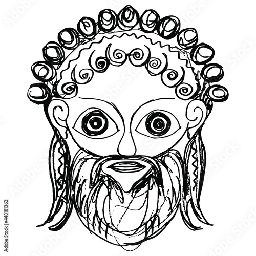 Head of ancient Greek god of wine Dionysus or Bacchus. Hand drawn linear doodle rough sketch. Black silhouette on white background.