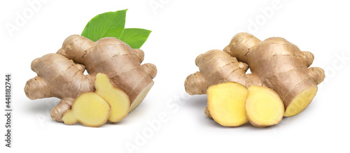 Fresh ginger root, slices and green leaves isolated on white background, collection.