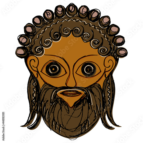 Head of ancient Greek god of wine Dionysus or Bacchus. Hand drawn colorful rough sketch. On white background.
