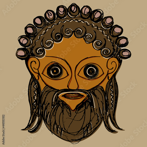 Head of ancient Greek god of wine Dionysus or Bacchus. Hand drawn colorful rough sketch. On beige background.