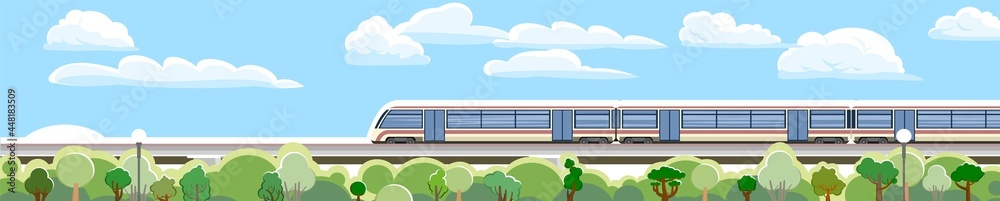 Fototapeta premium High-speed train on the bridge. Suburban transport. Railway with a locomotive. Forest. Modern outdoor landscape. Cityscape with the road. Flat style design. Vector