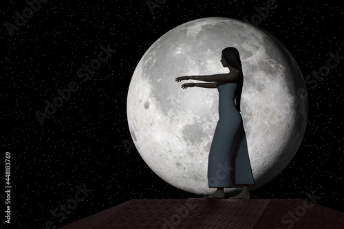 Silhouette of a young woman sleepwalking walking on the roof against the background of the full moon and the starry sky. Used images from NASA. 3d rendering. photo