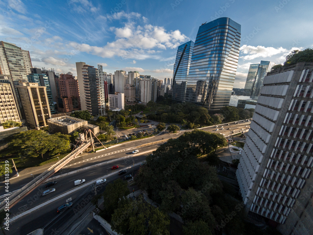 Obraz premium Sao Paulo, Brazil, June 23, 2021. aerial view of commercial offices buildings on Juscelino Kubitschek Avenue, in the south side of Sao Paulo, city