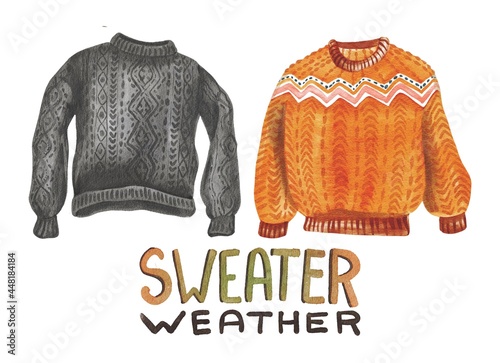 Handwriting watercolor lettering sweater weather with orange grey cozy sweater. Use for poster, print, card, postcard, template, design, pattern, shop, store, marketing, textile, advertising