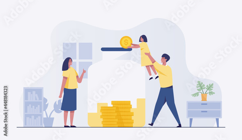 save money concept. Father and mother teach children to save money. Saving money - home, budget, financial management. vector illustration