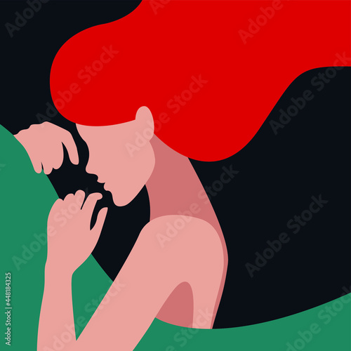 vector illustration of a sweetly sleeping girl with a beautiful blanket line and hair scattered on the pillow in pastel colors. useful for bed linen, mattresses, blankets, pillows, relaxation products