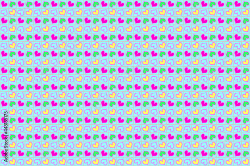 Cute Hearts Background, Seamless Wallpaper with small hearts in cute squares arranged in different colors on a light blue background.
