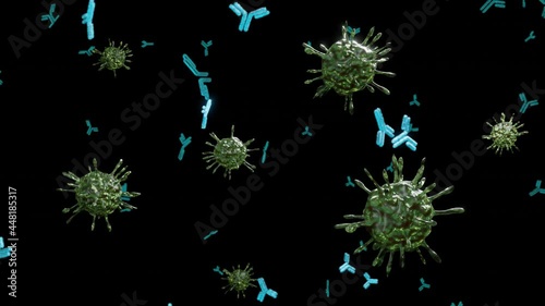 Close-up of dissolving virus under microscope. Antibodies attack and destroy the coronavirus. SARS-CoV-2 COVID-19 pandemic cure or vaccination concept. Realistic high quality medical 3D Rendering