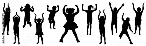 Silhouette of jumping and standing children. Happy cheerful kids. Vector illustration.
