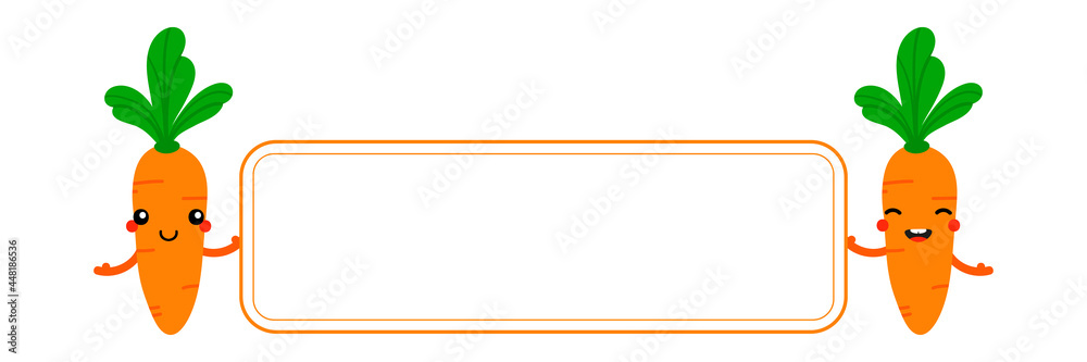 Couple of cute happy cartoon style orange carrot vegetable character holding in hands blank card, banner.
Couple of cute happy cartoon style orange carrot vegetable character holding in hands blank card, banner.