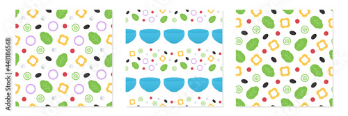 Set, collection of three vector seamless pattern backgrounds with vegetable mix and salad bowls for healthy food design.