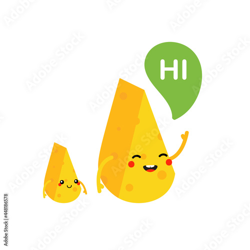 Couple of cute smiling cartoon style cheese chunks, dairy product characters with speech bubble saying hello, hi.