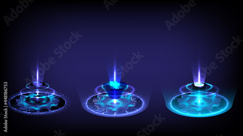 Sci-fi digital high-tech collection in glowing HUD. Hologram portal of science futuristic. Magic warp gate in game fantasy. Abstract technology. Gear teleport podium. GUI, UI virtual reality users