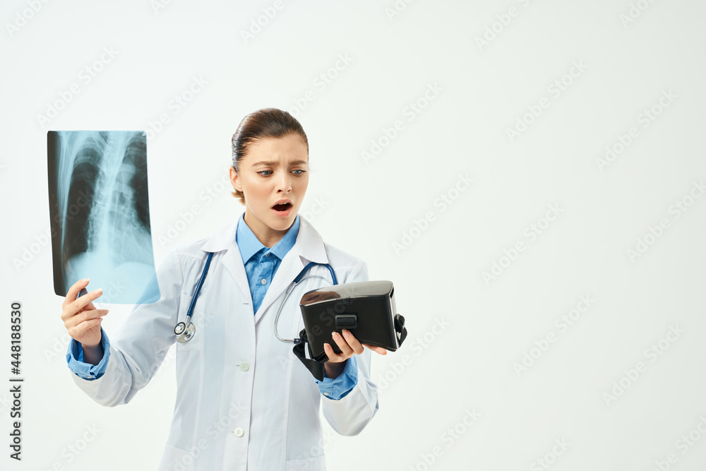 female doctor in white coat x-ray virtual reality glasses technology hospital female doctor in white coat x-ray virtual reality glasses technology hospital