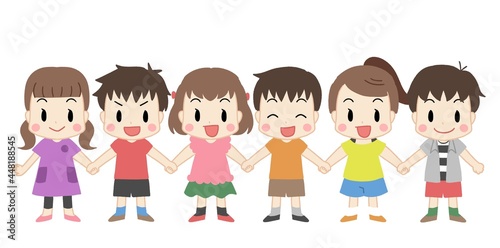 手をつなぐ笑顔の子供たち　主線なし
