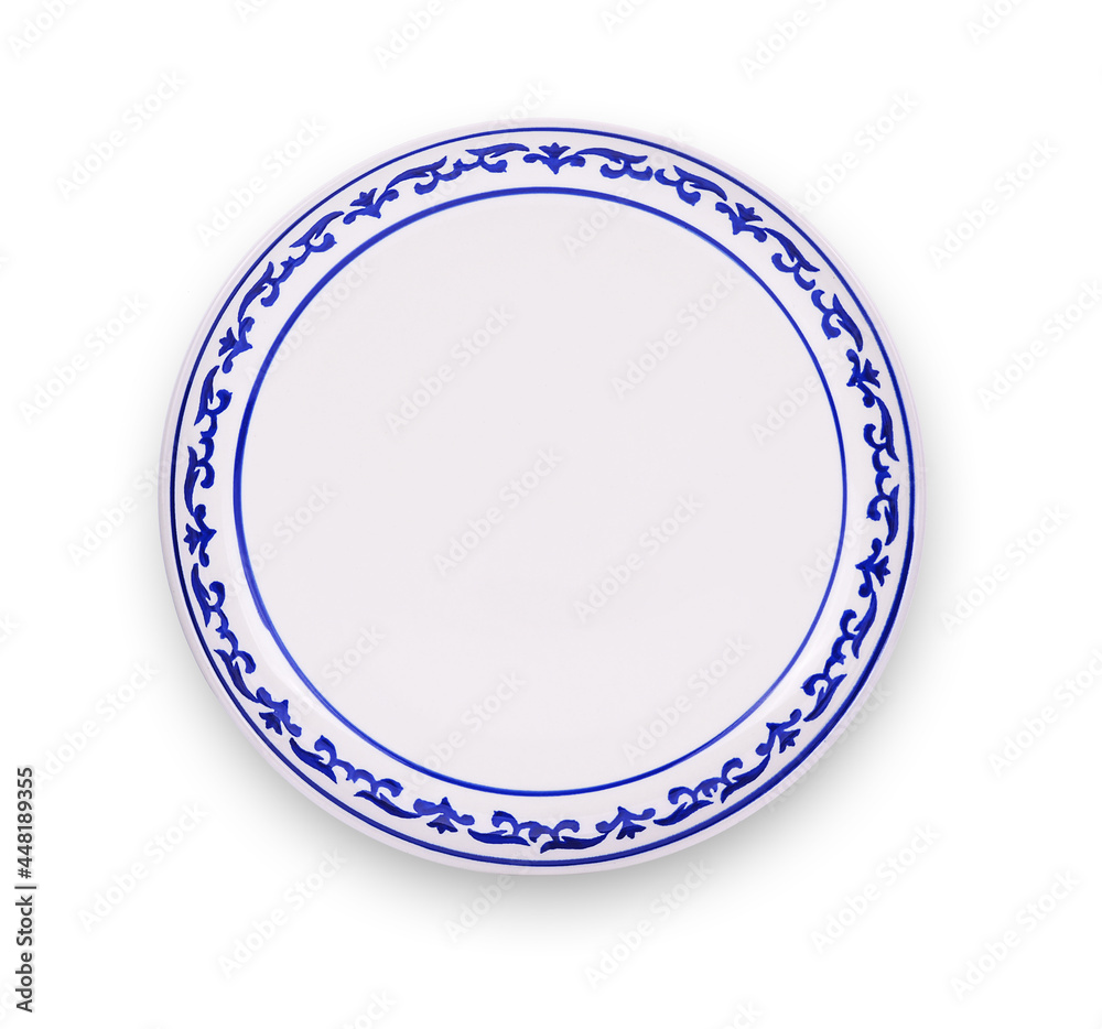 white and blue plate top view on white background white and blue plate top view on white background