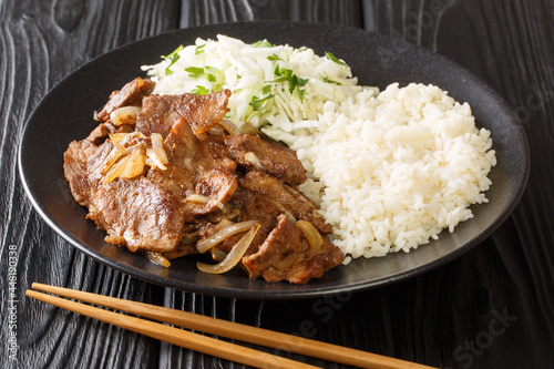 Japanese Ginger Pork Shogayaki with rice garnish and cabbage closeup in the plate on the table. horizontal photo