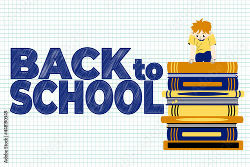 A little boy sits on a stack of books and looks down. The concept of learning difficulties. Slogan Back to school. A schoolboy conquers knowledge. Vector in cartoons style with checkered background.