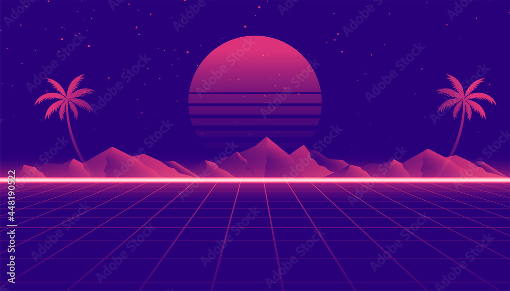 retro 80s landscape scene in game style