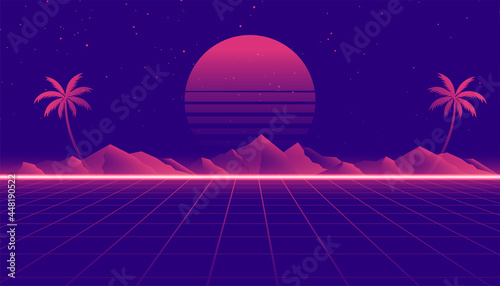 retro 80s landscape scene in game style
