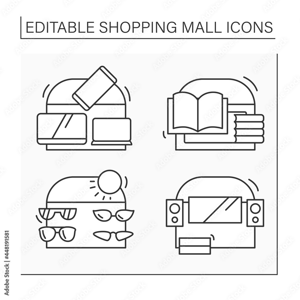 Shopping mall line icons set. Accessories, electronic and book store, entertainment center. Mall complex concept. Isolated vector illustration. Editable stroke Shopping mall line icons set. Accessories, electronic and book store, entertainment center. Mall complex concept. Isolated vector illustration. Editable stroke