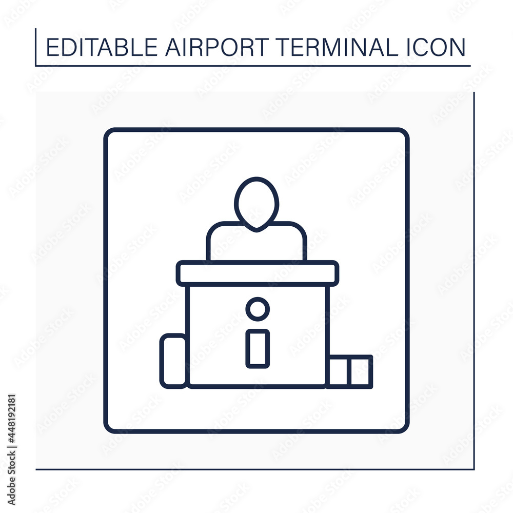 Check in counter line icon. Check-in before boarding plane. Pointer. Document verification Information stand. Airport terminal concept. Isolated vector illustration.Editable stroke Check in counter line icon. Check-in before boarding plane. Pointer. Document verification Information stand. Airport terminal concept. Isolated vector illustration.Editable stroke