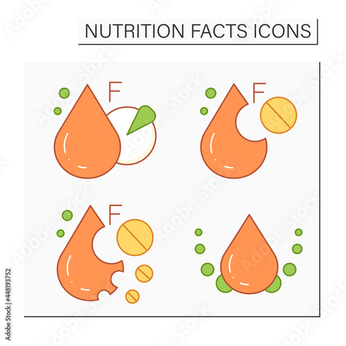 Nutrition facts color icons set. Oleic and linoleic acid. Total and saturated fat. Nutrition facts concept.Isolated vector illustrations