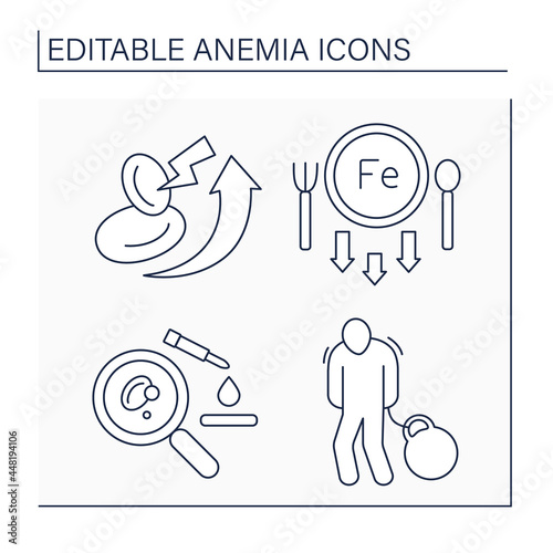 Anemia line icons set. Lack of iron in diet, blood analysis, body heaviness.High rates of red blood cell production. Health protection concept. Isolated vector illustration. Editable stroke