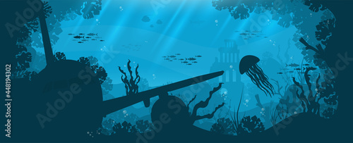 Underwater background with various sea views. Underwater scene. Cute sea fishes ocean underwater animals. Undersea bottom with corals seaweeds 