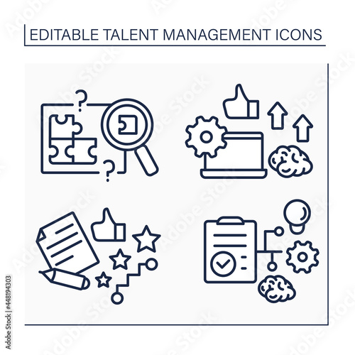 Talent management line icons set. Skill gap analysis, employee potential, career and workforce planning. Improving business performance concept. Isolated vector illustrations. Editable stroke