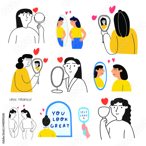 Set of young women. Looking at mirror. Self love concept. Vector illustration on white background.