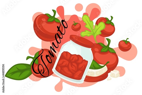 Tomato veggies preserved in jar, tasty food dish