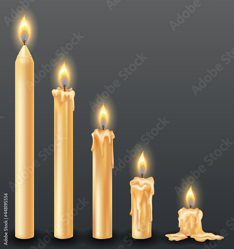 Burning candles with dripping or flowing wax. Yellow candles with golden flame. Lit and melted wax. Arranged from tall to low. Illustration of beautiful glowing candles on dark background