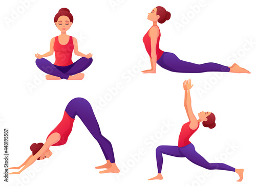The girl is engaged in yoga. Set of asanas in cartoon style. Vector illustration isolated on white background. Stretching and Pilates
