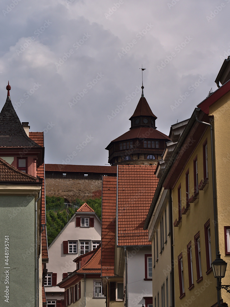 Historic castle of Esslingen am Neckar, Baden-Württemberg, Germany with stone wall and Dicker Turm (