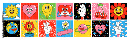 Funny cartoon characters. Square posters, sticker pack. Vector illustration of heart, patch, hands, abstract faces etc.