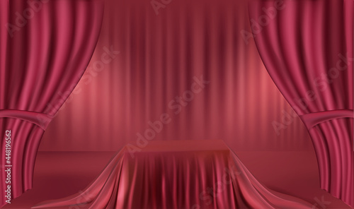 red realistic podium with red curtain, product display, presentation, advertisement