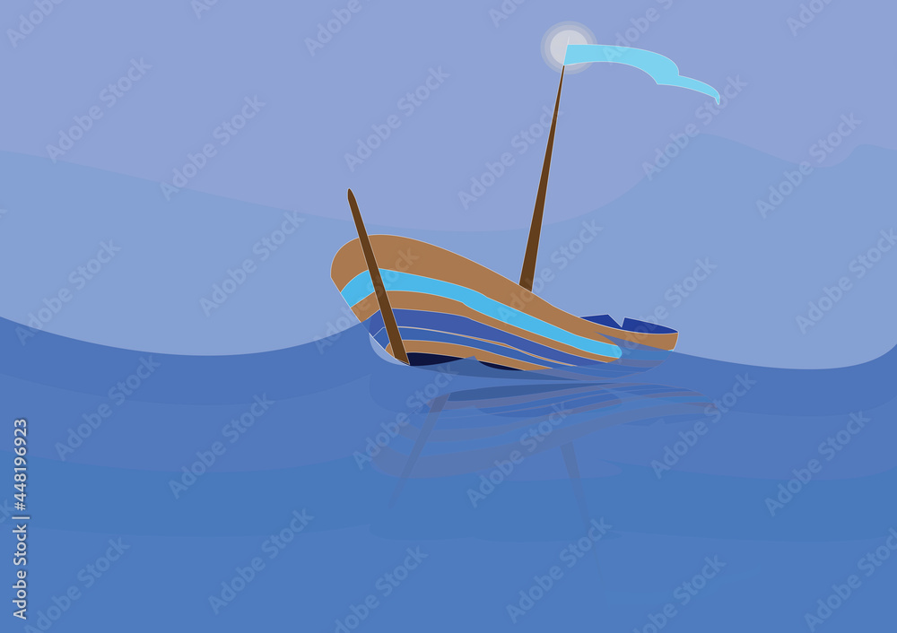 sea ​​illustration boat on small sea waves