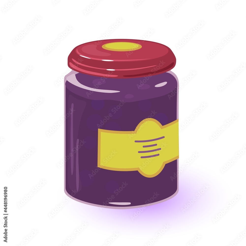 Cartoon black currant jam in glass container with twist. Vector summer harvest from grandmother farm, organic product, sweets, homemade jelly. Idea of preservation isolated on white Cartoon black currant jam in glass container with twist. Vector summer harvest from grandmother farm, organic product, sweets, homemade jelly. Idea of preservation isolated on white
